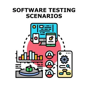 Software testing scenarios illustrating quality assurance development process Stock Illustration