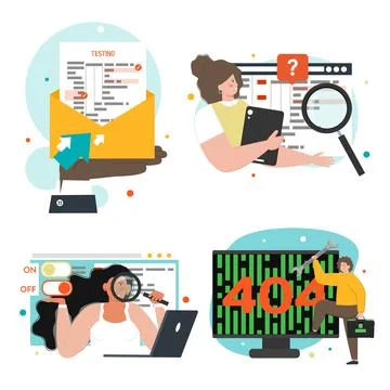 Software testing scene set, vector illustration. People creating computer Illustrazione stock
