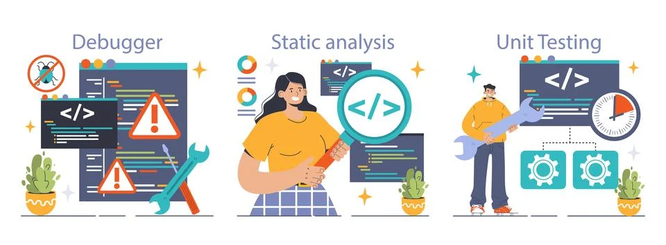 Software testing set. Code testing and debugging. IT specialist searching Stock Illustration