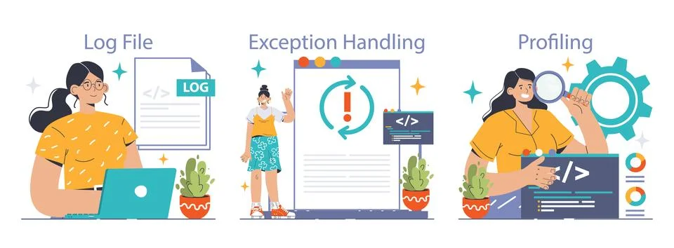 Software testing set. Code testing and debugging. IT specialist searching Stock Illustration