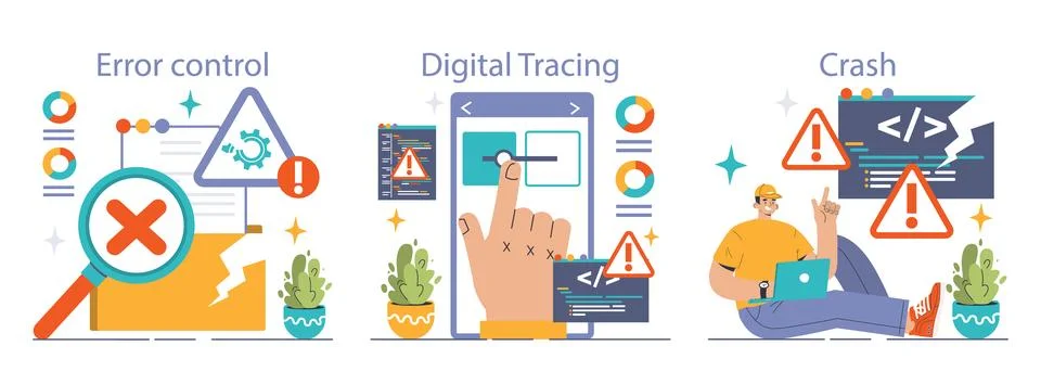 Software testing set. Code testing and debugging. IT specialist searching Stock Illustration