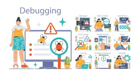 Software testing set. Code testing and debugging. IT specialist searching Stock Illustration