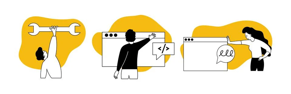 Software testing set vector illustration concept. Development application and Stock Illustration