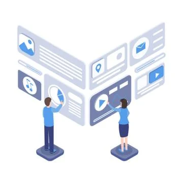 Software testing vector isometric illustration. Programmers creating mobile 스톡 일러스트