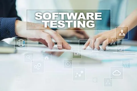 Software testing on virtual screen. Business, technology and internet concept. Stock Illustration