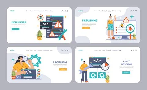 Software testing web banner or landing page set. Code testing Stock Illustration