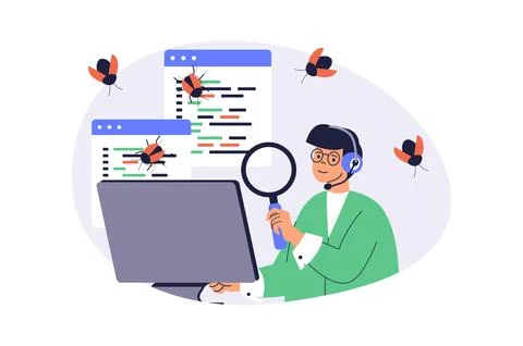 Software testing web concept with flat cartoon people for website design. Man 스톡 일러스트