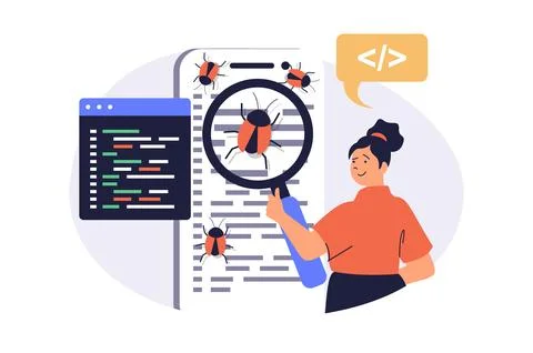 Software testing web concept with flat cartoon people for website design. Wom 스톡 일러스트