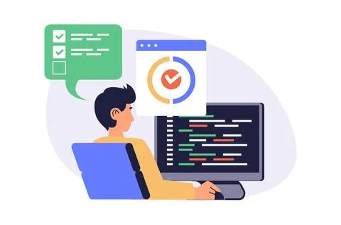 Software testing web concept with flat cartoon people for website design. Man 스톡 일러스트