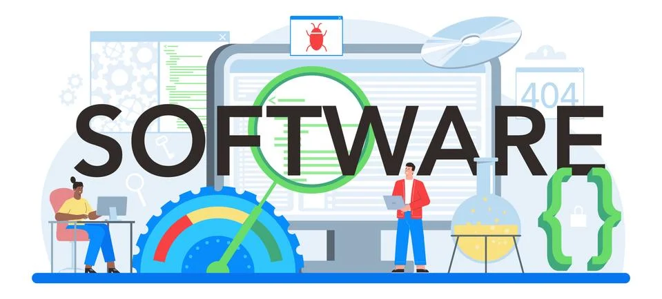 Software typographic header. Idea of programming and coding, system development Stock Illustration