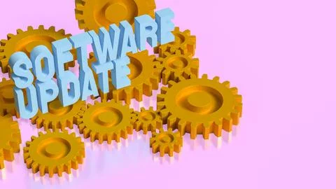Software Update Automation Concept With Golden Gears 3d render. Stock Illustration