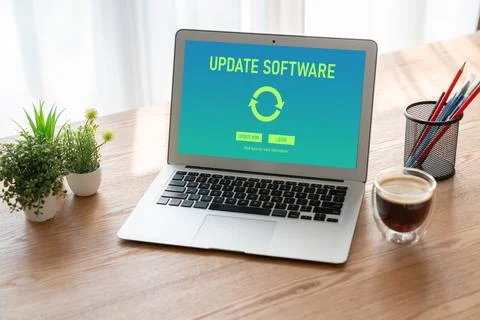 Software update on computer for modish version of device software Stock Photos