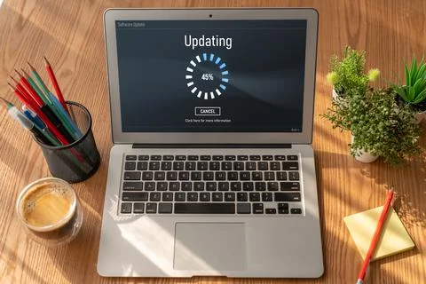 Software update on computer for modish version of device software 스톡 사진
