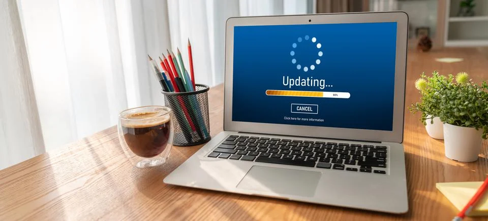 Software update on computer for modish version of device software 스톡 사진