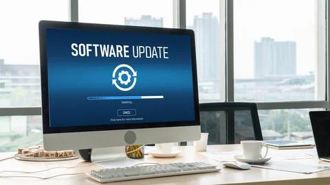Software update on computer for modish version of device software 스톡 사진
