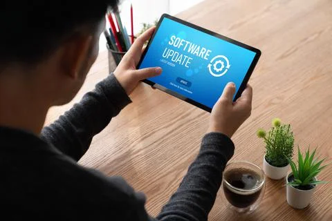 Software update on computer for modish version of device software 스톡 사진