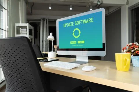 Software update on computer for modish version of device software 스톡 사진