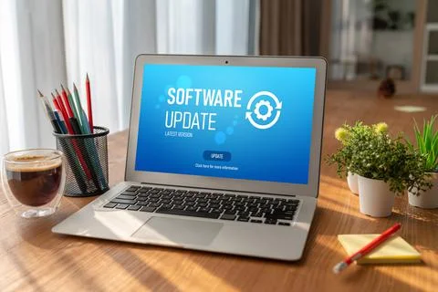 Software update on computer for modish version of device software 스톡 사진
