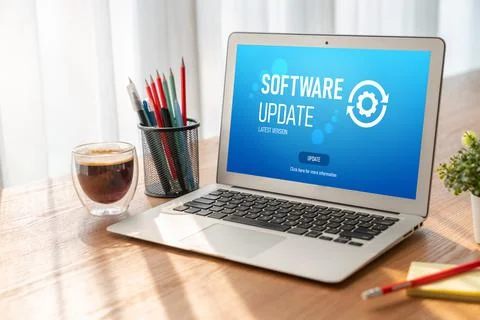 Software update on computer for modish version of device software Stock Photos