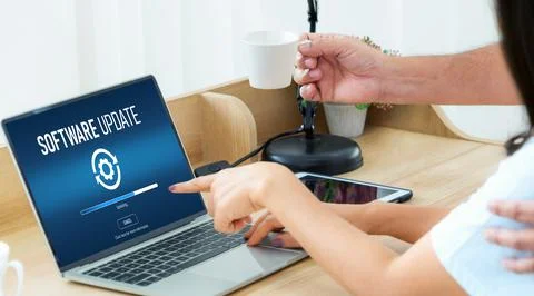 Software update on computer for modish version of device software Foto stock