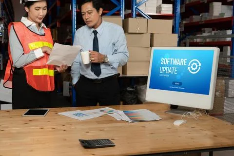 Software update on computer for modish version of device software Stock Photos