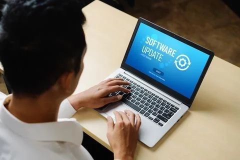 Software update on computer for modish version of device software 스톡 사진