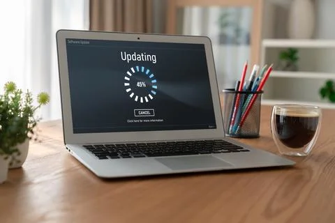 Software update on computer for modish version of device software 스톡 사진