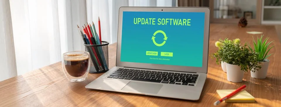 Software update on computer for modish version of device software 스톡 사진