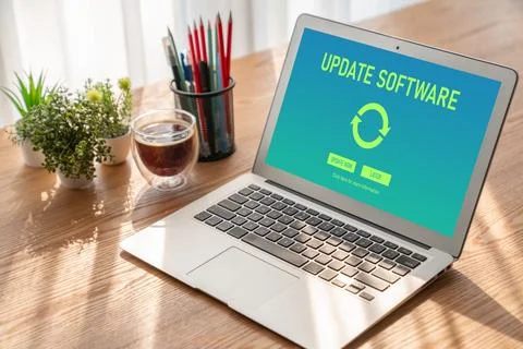 Software update on computer for modish version of device software 스톡 사진