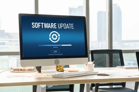 Software update on computer for modish version of device software Stockfoto's