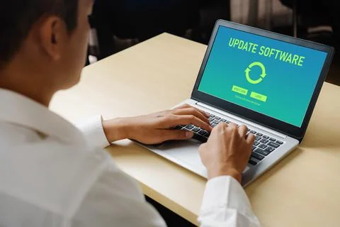 Software update on computer for modish version of device software 스톡 사진
