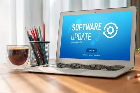 Software update on computer for modish version of device software Foto stock