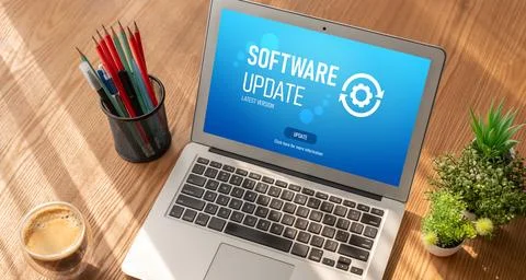Software update on computer for modish version of device software 스톡 사진