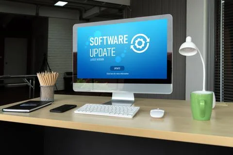 Software update on computer for modish version of device software Stock Photos