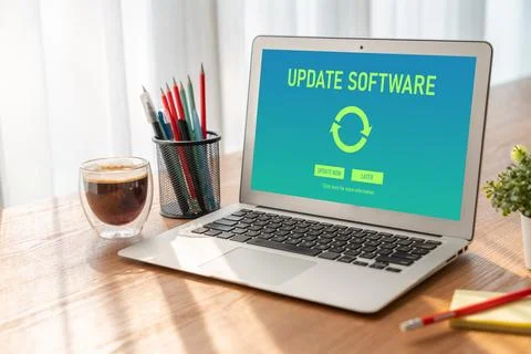 Software update on computer for modish version of device software Stockfoto's