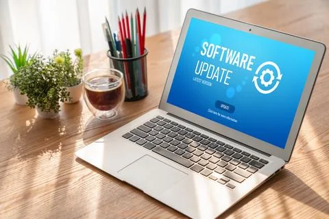 Software update on computer for modish version of device software 스톡 사진