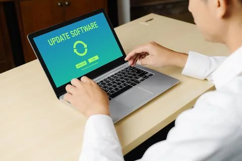 Software update on computer for modish version of device software 스톡 사진