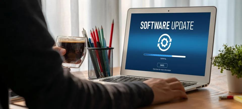 Software update on computer for modish version of device software 스톡 사진