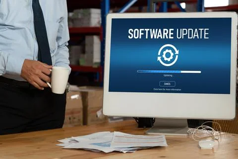 Software update on computer for modish version of device software Foto stock