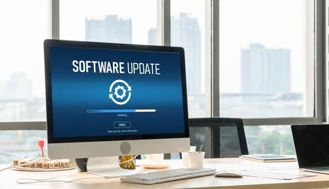 Software update on computer for modish version of device software Stock Photos