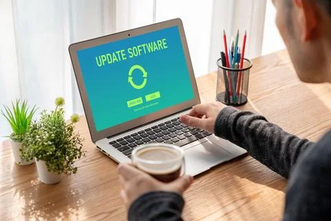 Software update on computer for modish version of device software 库存照片