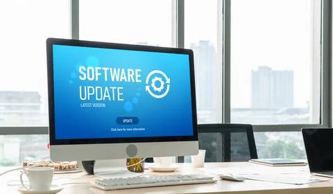 Software update on computer for modish version of device software Stock Photos