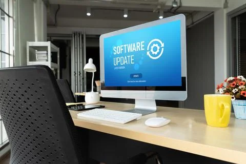 Software update on computer for modish version of device software Foto stock