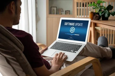 Software update on computer for modish version of device software 스톡 사진