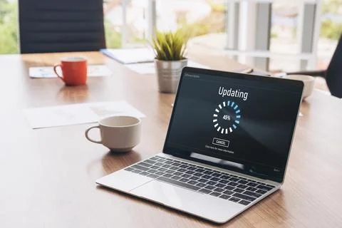 Software update on computer for modish version of device software 스톡 사진