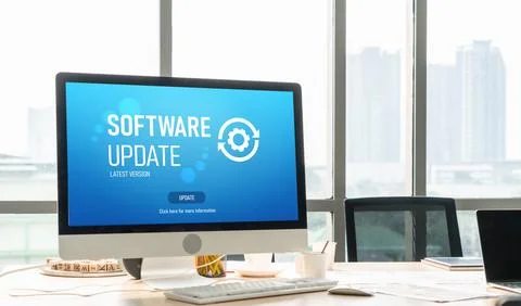 Software update on computer for modish version of device software Stock Photos