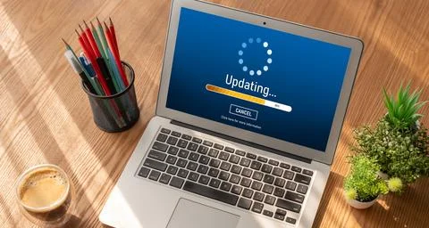 Software update on computer for modish version of device software 스톡 사진