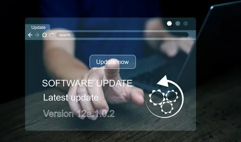 Software update concept. Man activating and Installing business program upd.. Foto stock