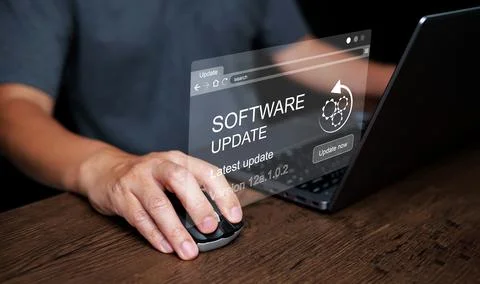 Software update concept. Man working and Installing business program update.. 스톡 사진