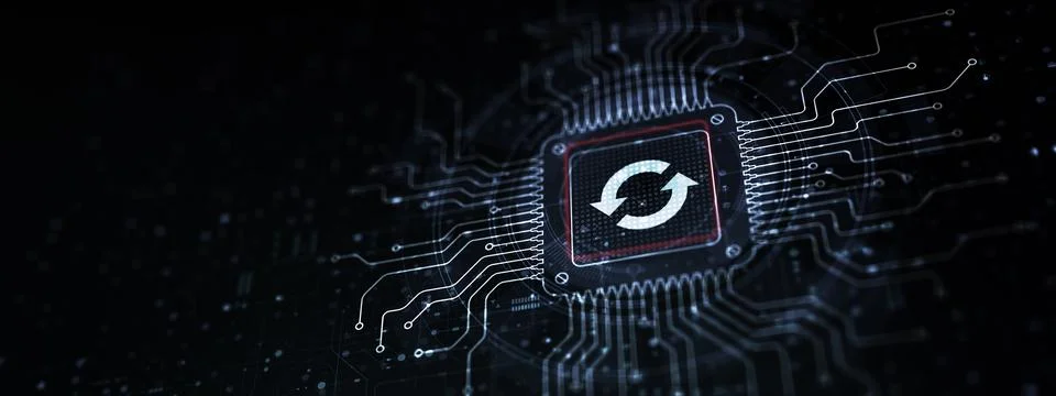 Software Update Ensuring System Efficiency Illustrated on a Processor Touched 스톡 일러스트